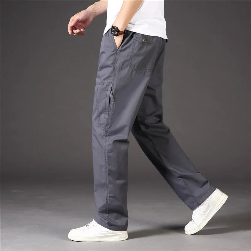 Classic Man Casual Cargo Pants Zipper Pockets Big and Tall Sports Outdoor Outfits Khaki Grey Men's Trousers