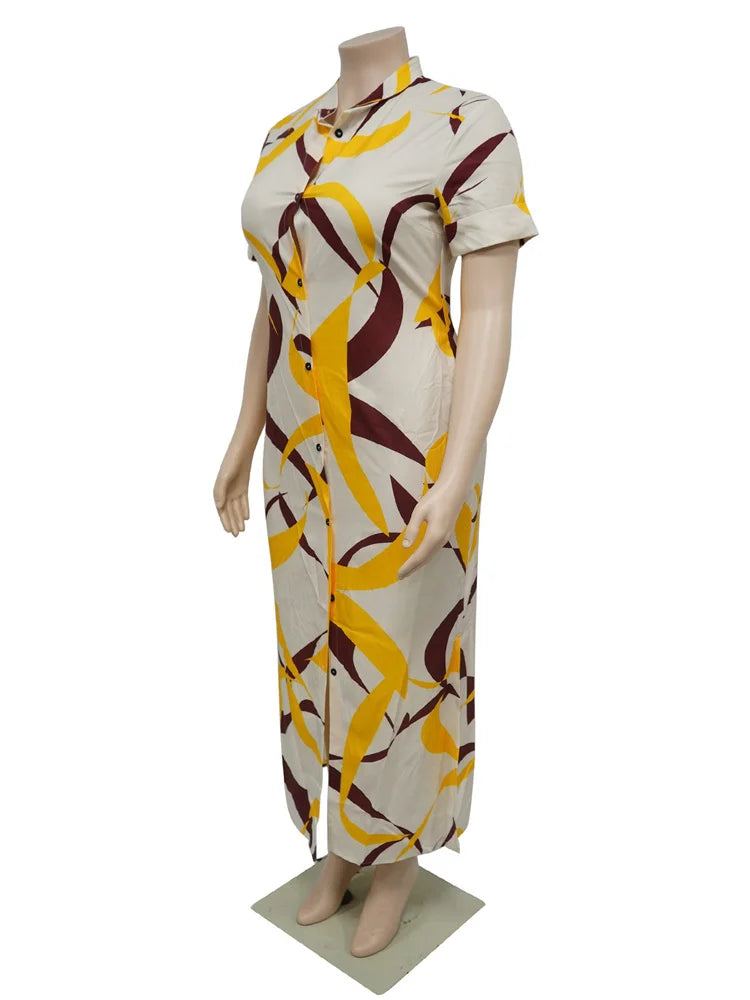 Wmstar Plus Size Dresses for Women Printed Short Sleeve Fashion Party Bodycon Stretch Button Maxi Dress Wholesale Dropshipping