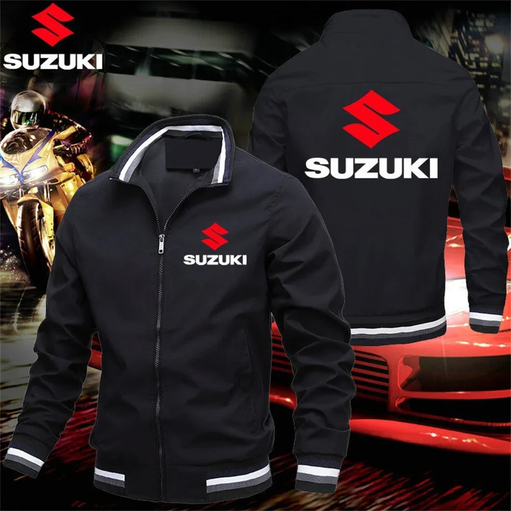 Suzuki Motorcycle Team Replica Stand Collar Jacket, Men's Outdoor Riding Casual Top, Trendy Printed Windproof Coat