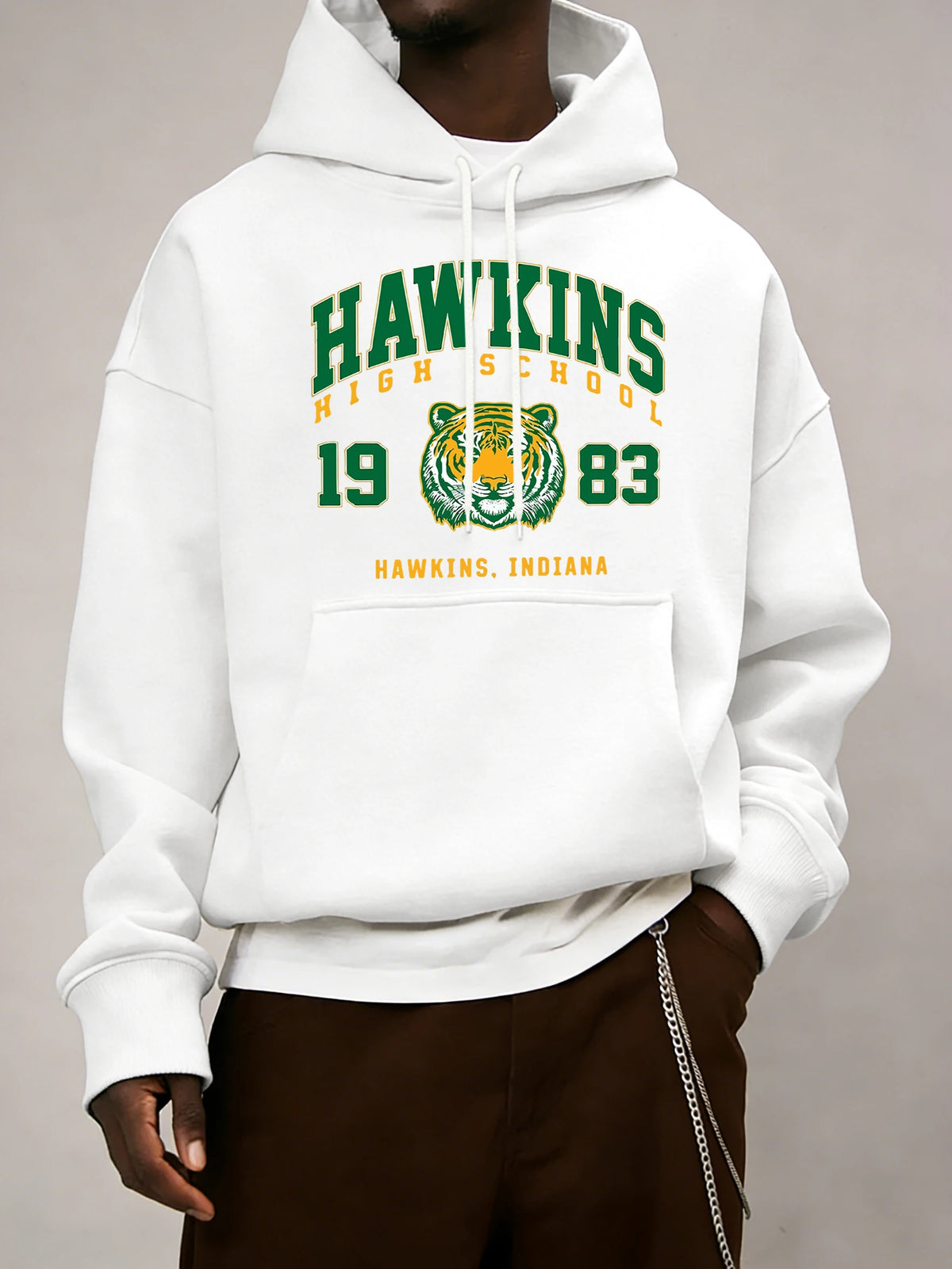 Hawkins High School 1983 Prints Men Hoodie Autumn Pocket Sportswear Loose Fleece Pullover 14 Colour Unisex Simple Long Sleeve