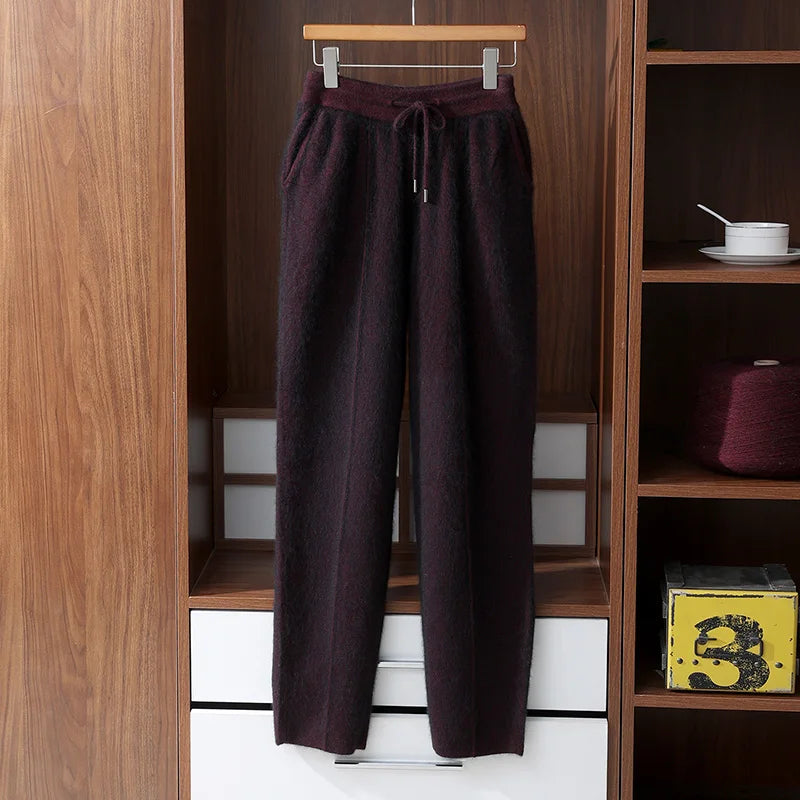 Autumn Winter 100% Mink Cashmere Men's  Pants Thickened Knitted Long Pants Slim Fitting Solid Color Warm Flat Corner Pants