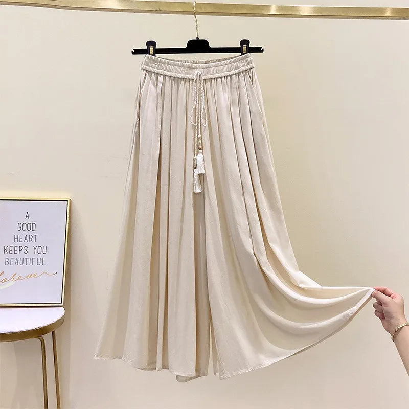 Summer Women Pants Large Size 8XL 150KG Silk Cotton Wide-leg Thin Ethnic Elastic High Waist Calf-Length Casual Female Trousers