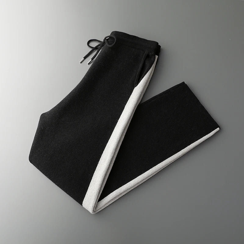 Autumn Winter New 100% Merino Wool Pants Men's High Waist Wide Leg Pants Thickened Jacquard Contrast Pants Casual Knitted Pants