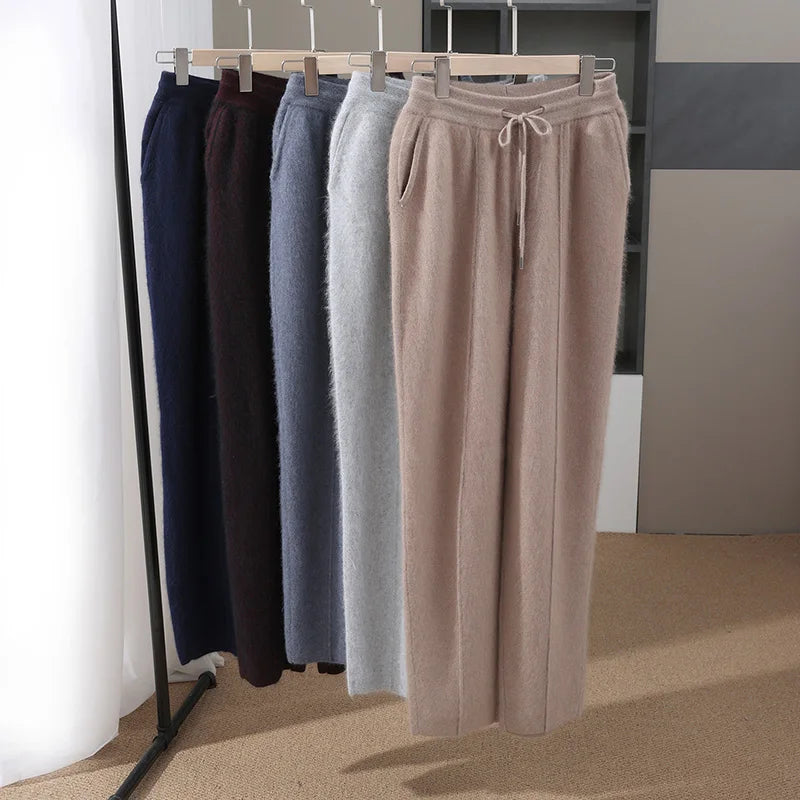 Autumn Winter 100% Mink Cashmere Men's  Pants Thickened Knitted Long Pants Slim Fitting Solid Color Warm Flat Corner Pants