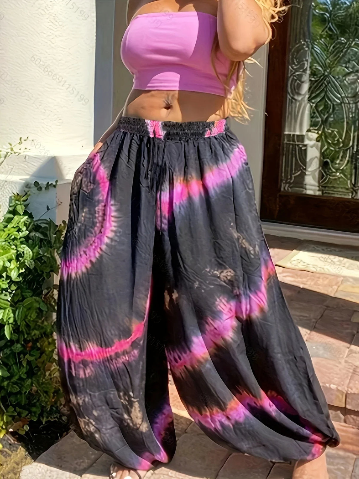 Women Fashion Plus Size 1XL-5XL Tie Dye Comfort Wide Leg Pants Female Casual Vacation High Waisted Loose Long Trousers