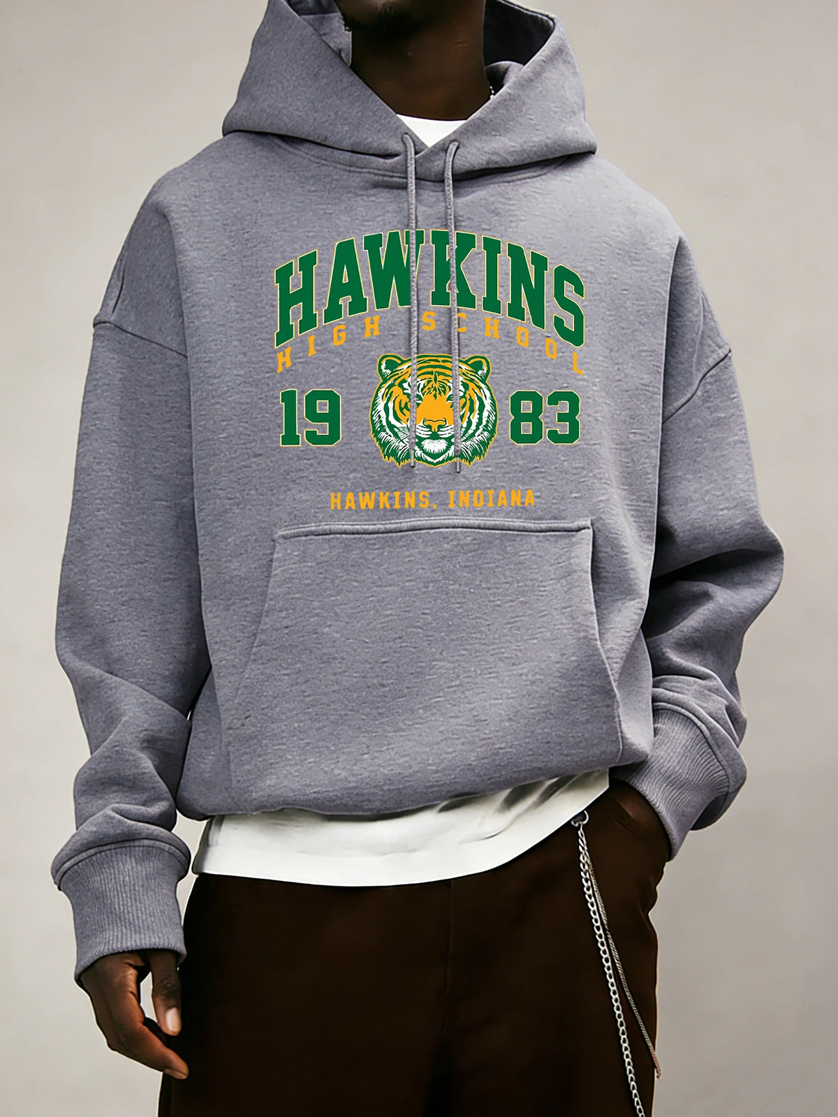 Hawkins High School 1983 Prints Men Hoodie Autumn Pocket Sportswear Loose Fleece Pullover 14 Colour Unisex Simple Long Sleeve