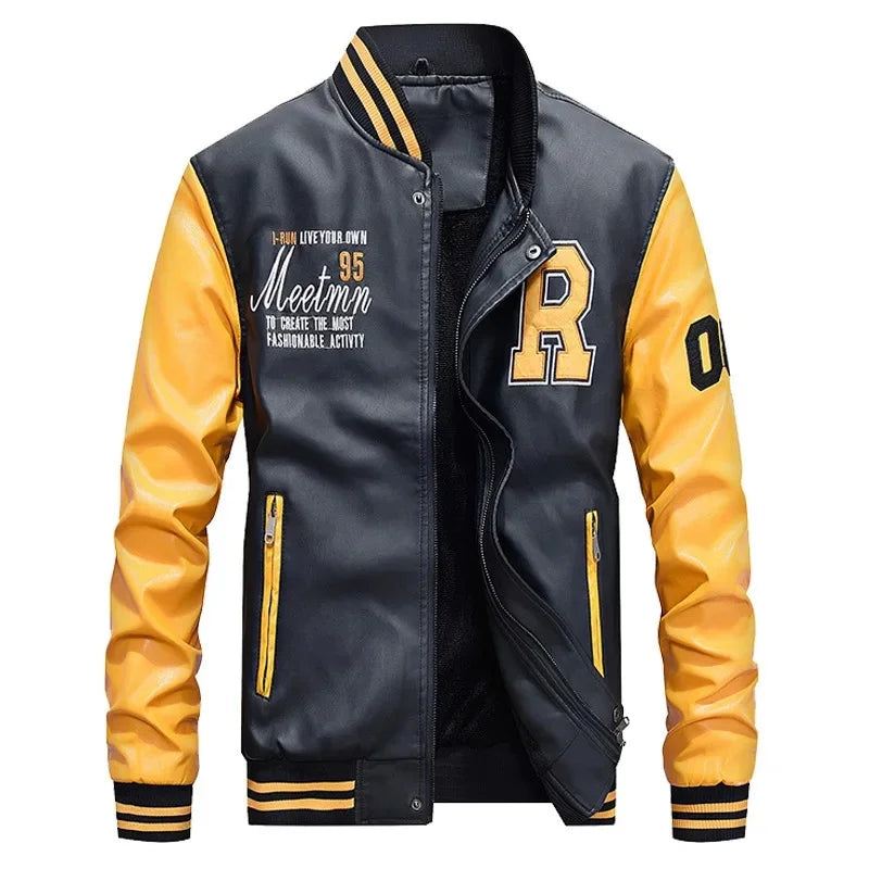Spring Autumn New Men's Baseball Jacket Fleece Lined PU Leather Biker Coat Casual Loose Fit Fashionable Youth Outerwear