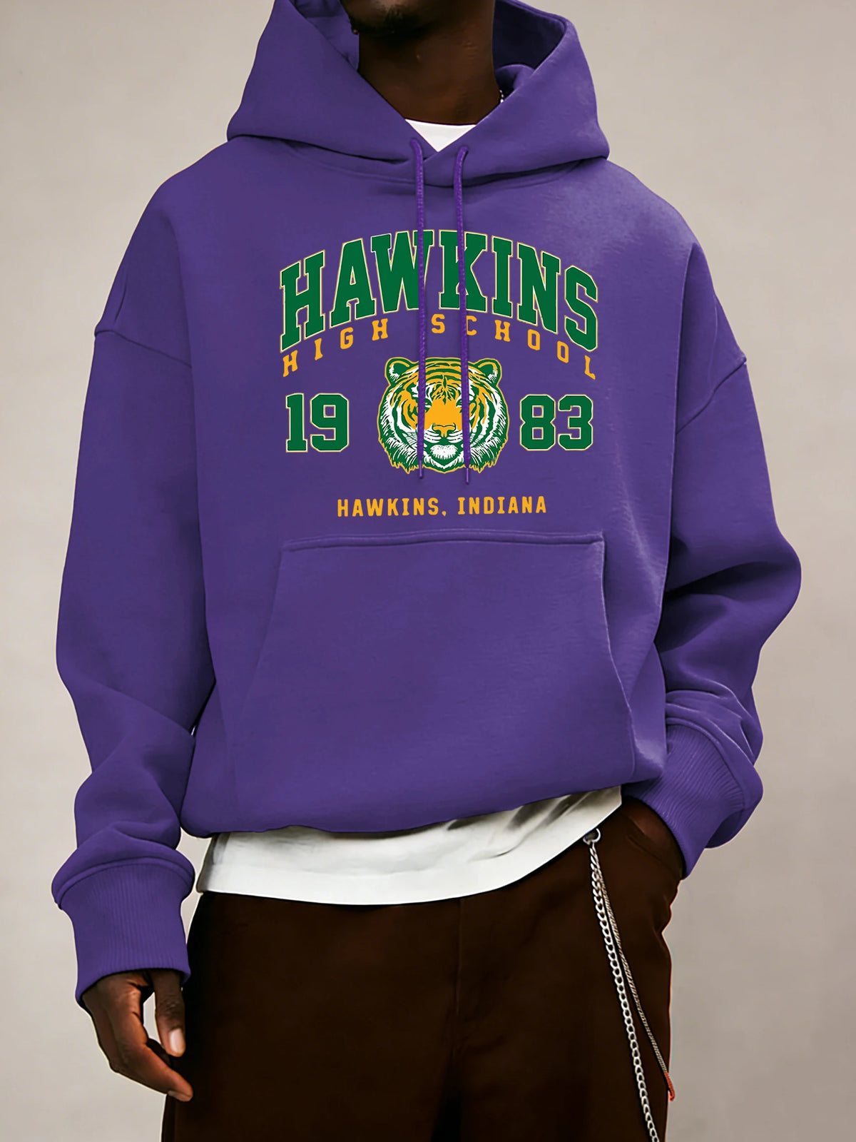 Hawkins High School 1983 Prints Men Hoodie Autumn Pocket Sportswear Loose Fleece Pullover 14 Colour Unisex Simple Long Sleeve