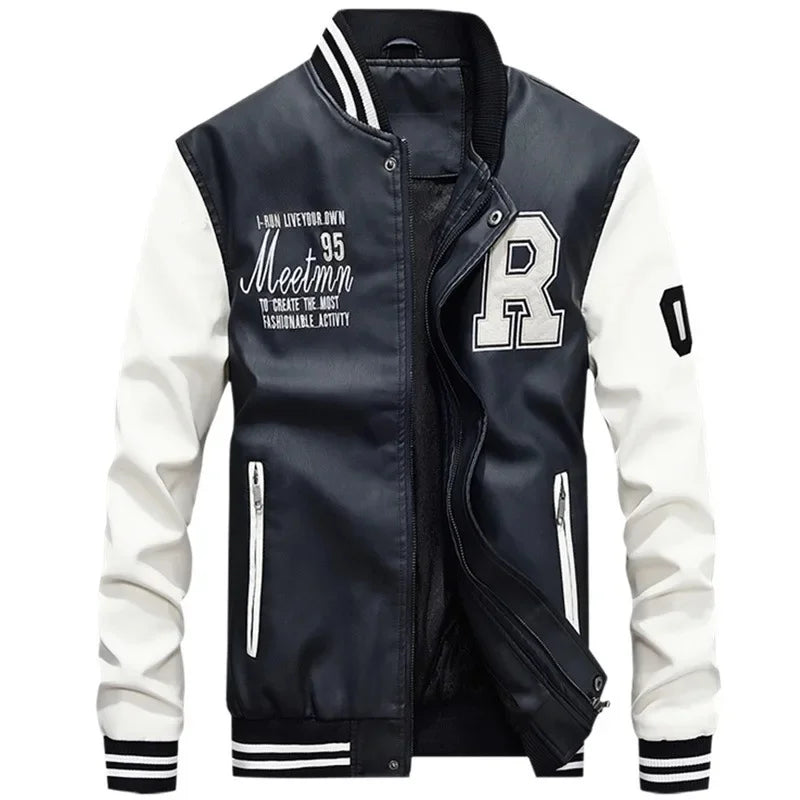 Spring Autumn New Men's Baseball Jacket Fleece Lined PU Leather Biker Coat Casual Loose Fit Fashionable Youth Outerwear