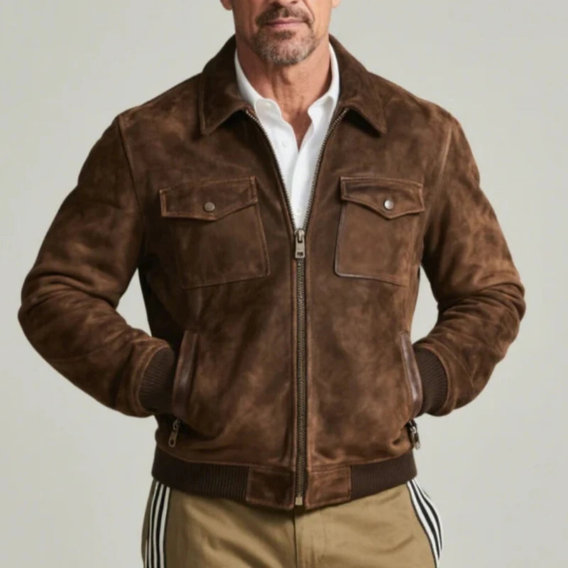Vintage Male Suede Jacket Turndown Collar Zip Slim Fit Short Coat Autumn Hot Sale Business Work Biker Outerwear Top Quality
