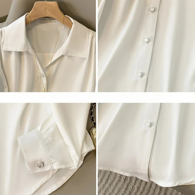 White Long Sleeve Polo Collar Shirt for Women Plus Size Spring Autumn Fashionable Base Layer Blouse French Style Premium Feeling
