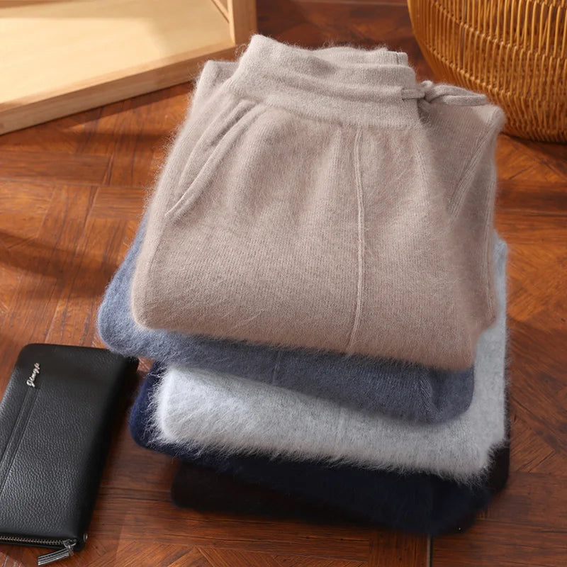 Autumn Winter 100% Mink Cashmere Men's  Pants Thickened Knitted Long Pants Slim Fitting Solid Color Warm Flat Corner Pants