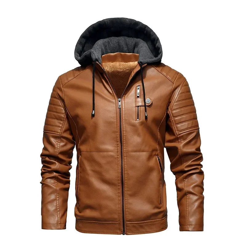 Casual Fashion Leather Jacket White Motorcycle Jackets Men Autumn Fleece Liner Pu Leather Coats Male Hood Winter Male Clothing