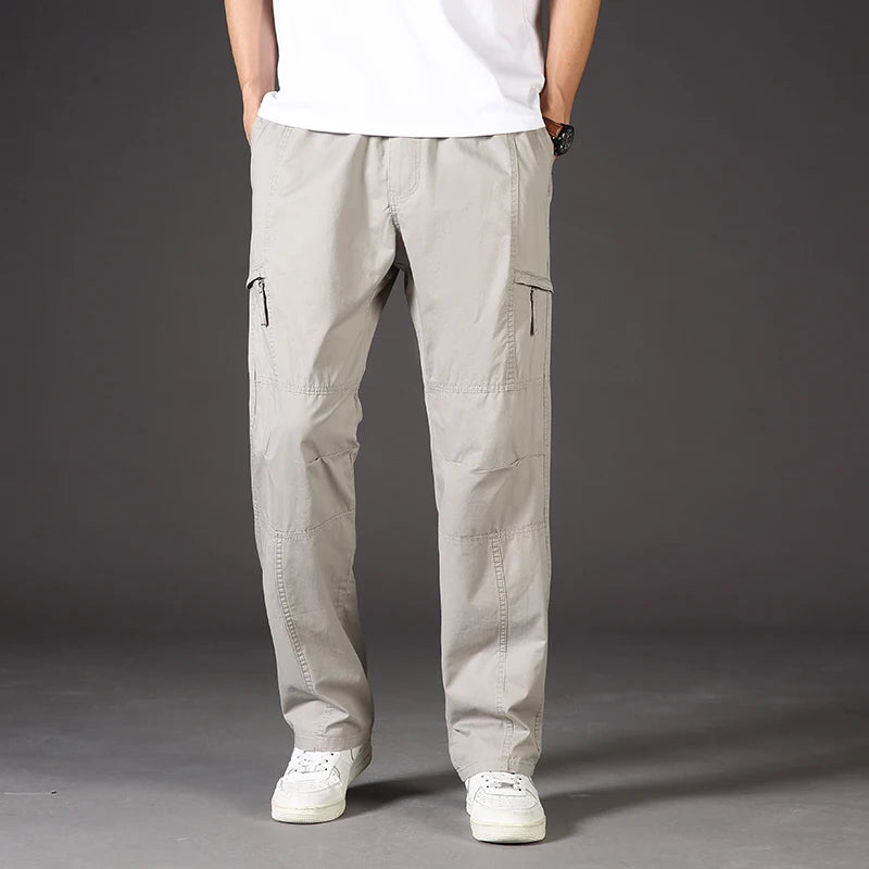 Classic Man Casual Cargo Pants Zipper Pockets Big and Tall Sports Outdoor Outfits Khaki Grey Men's Trousers
