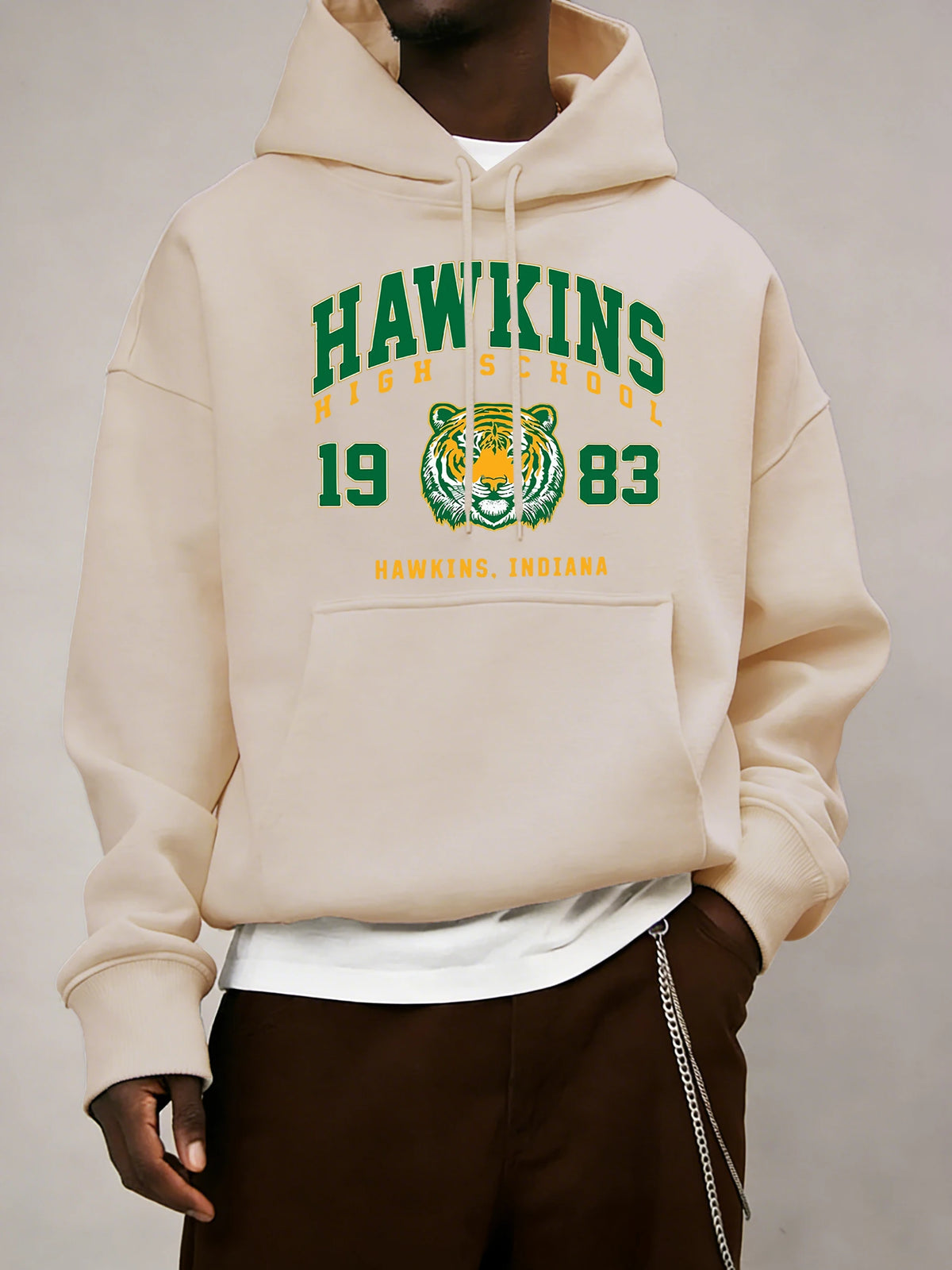 Hawkins High School 1983 Prints Men Hoodie Autumn Pocket Sportswear Loose Fleece Pullover 14 Colour Unisex Simple Long Sleeve