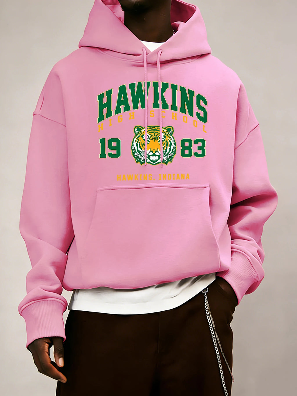 Hawkins High School 1983 Prints Men Hoodie Autumn Pocket Sportswear Loose Fleece Pullover 14 Colour Unisex Simple Long Sleeve