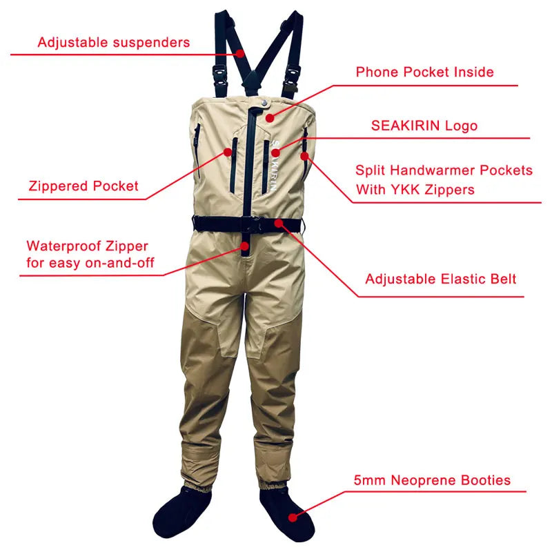 Zip-front Breathable Stout Chest Fishing Waders Waterproof Zippered Big and Tall Stockingfoot Wading Pants for Men,Welding Seam