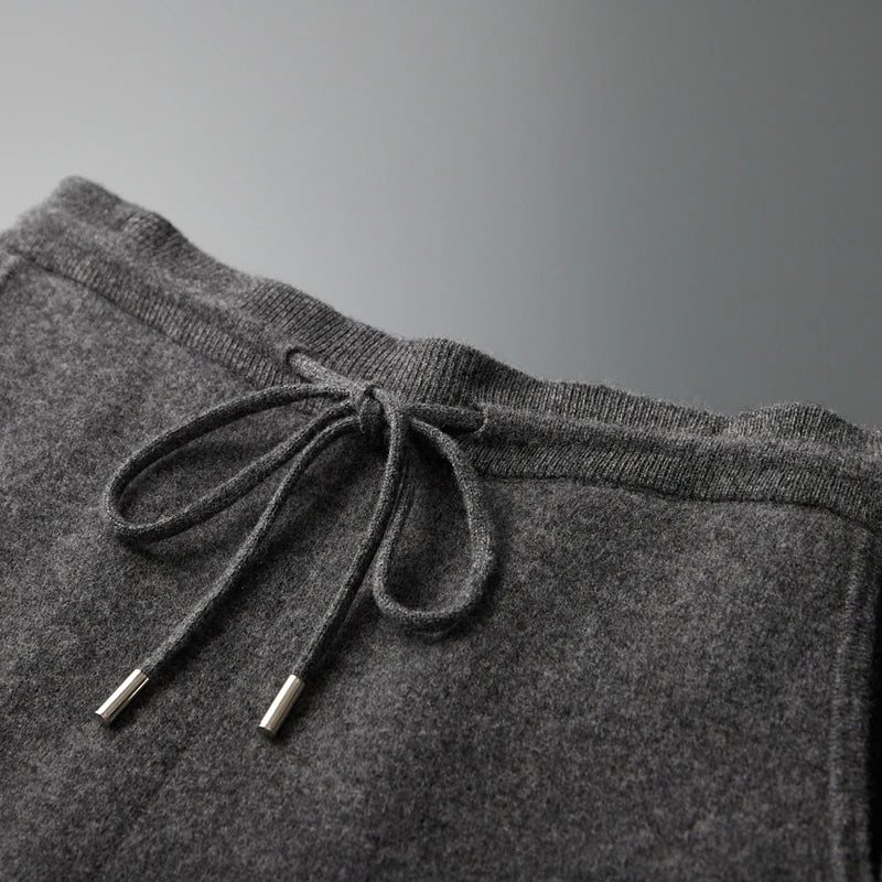 Autumn Winter New 100% Merino Wool Pants Men's High Waist Wide Leg Pants Thickened Jacquard Contrast Pants Casual Knitted Pants