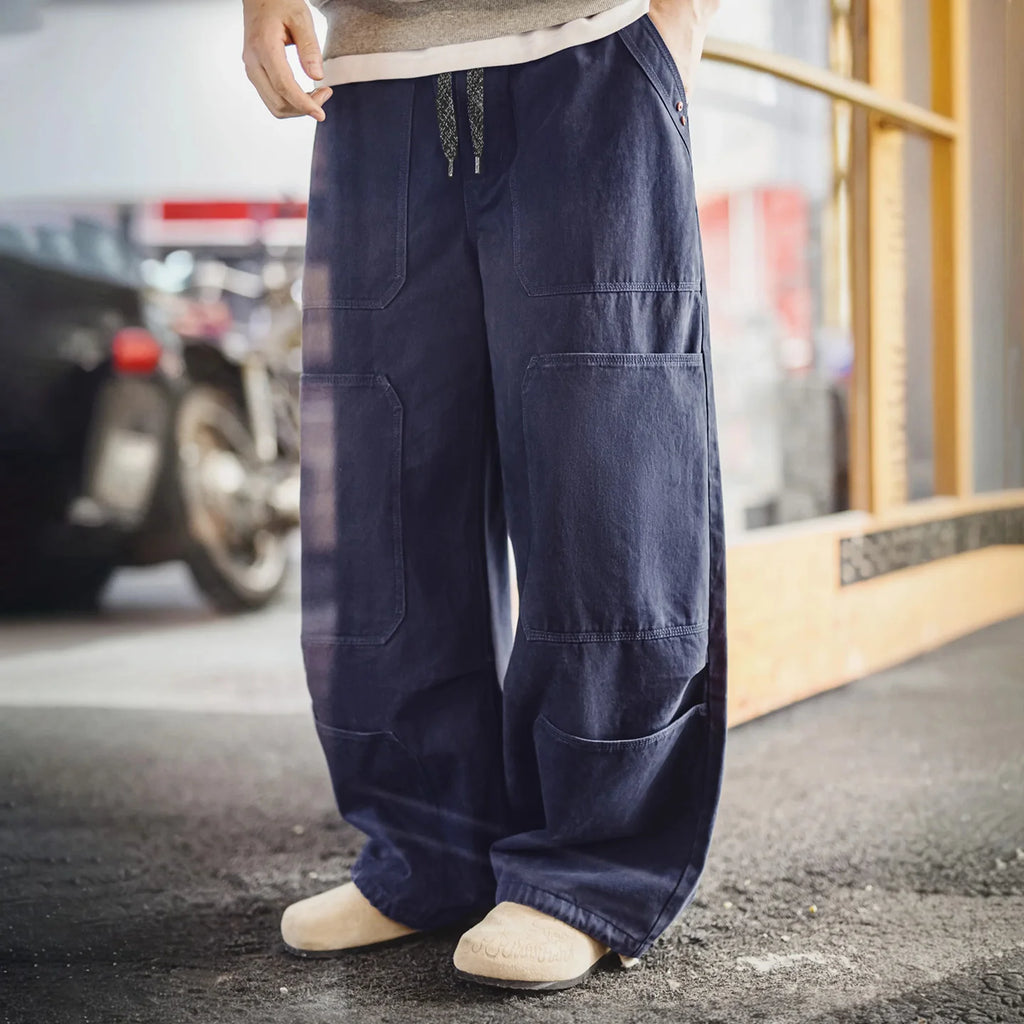 Maden Men‘s Vintage Washed Logger Pants Multi-Pocket Cotton Cargo Trousers Casual Wide Leg with Elastic Cuffs for Spring Autumn