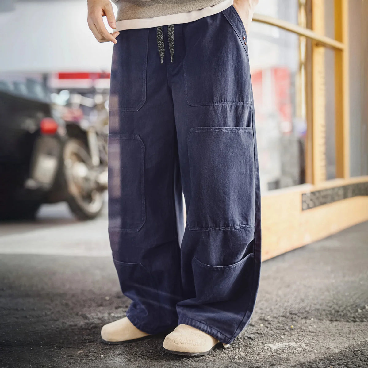 Maden Men‘s Vintage Washed Logger Pants Multi-Pocket Cotton Cargo Trousers Casual Wide Leg with Elastic Cuffs for Spring Autumn