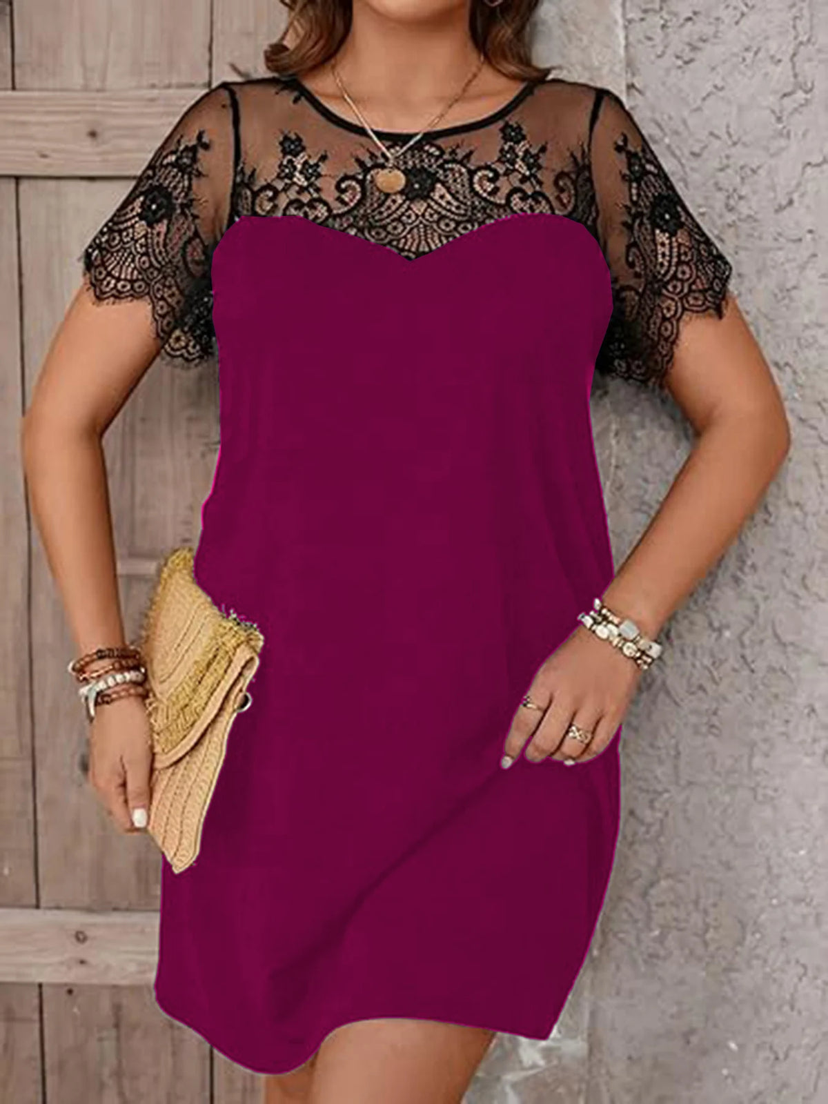 European and American Plus-Size Women's Clothing, Spring and Summer Elegant New Style, Stylish Workwear Lace Splicing Back Cutout Short-Sleeved Dress
