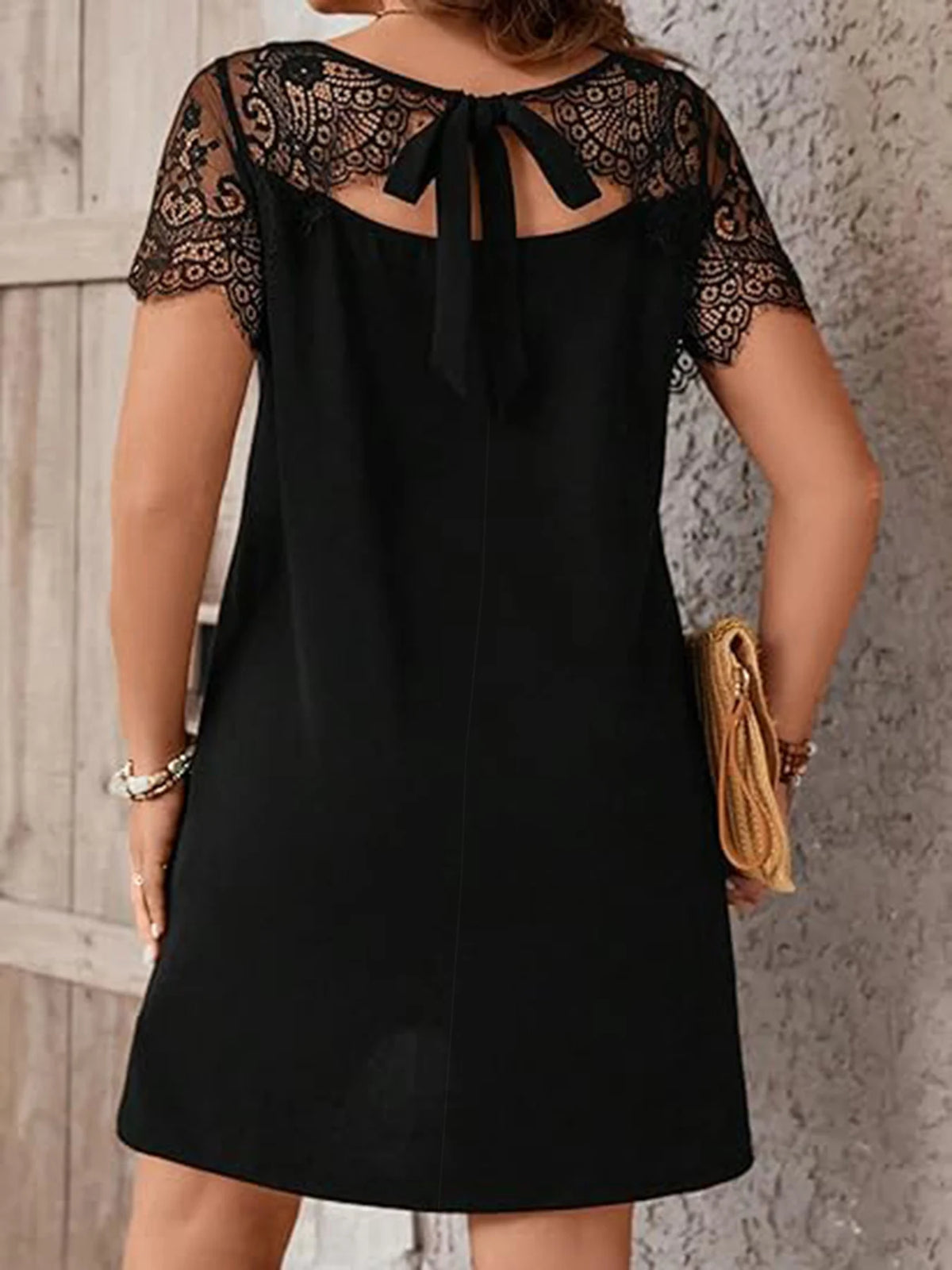 European and American Plus-Size Women's Clothing, Spring and Summer Elegant New Style, Stylish Workwear Lace Splicing Back Cutout Short-Sleeved Dress