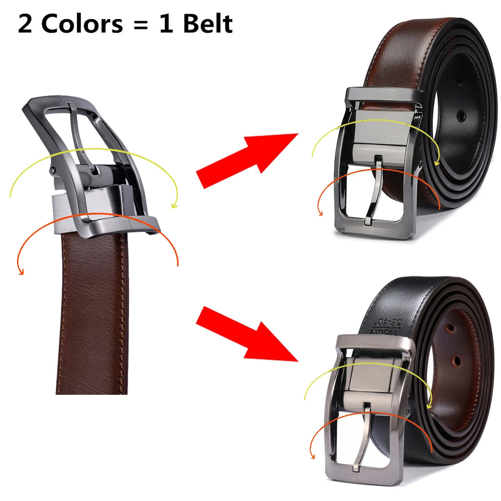 1Pcs Men's Genuine Leather Reversible Belt Rotated Buckle Two In One Big And Tall