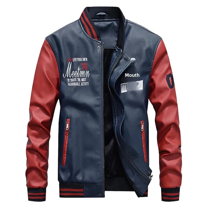 Spring Autumn New Men's Baseball Jacket Fleece Lined PU Leather Biker Coat Casual Loose Fit Fashionable Youth Outerwear
