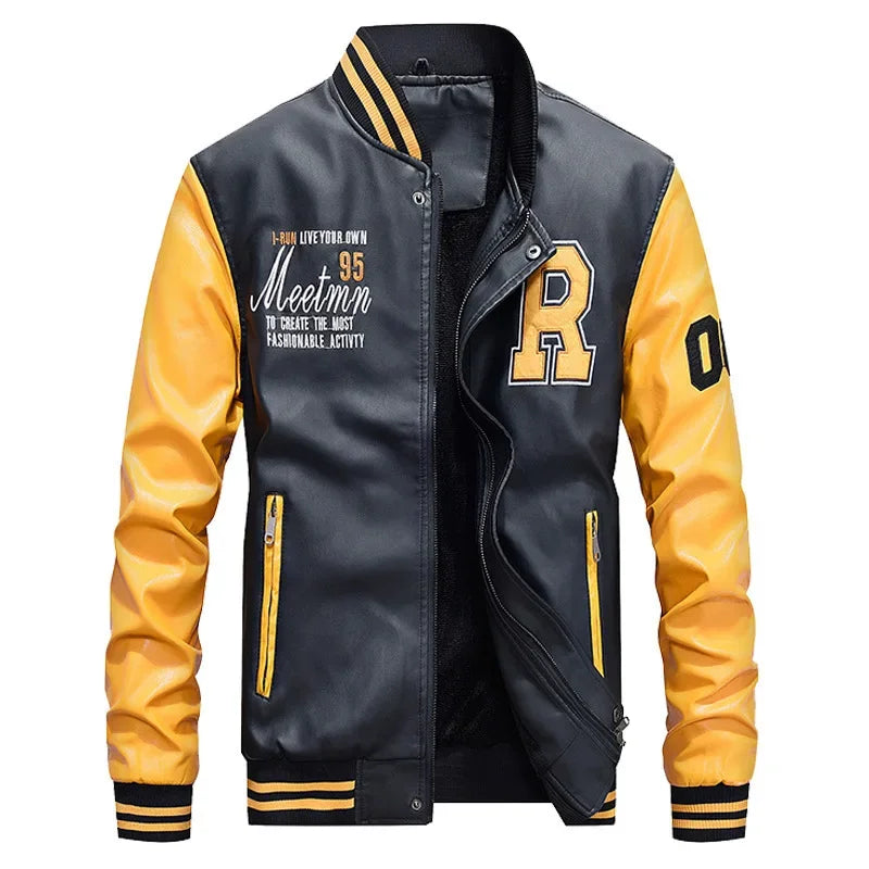 Spring Autumn New Men's Baseball Jacket Fleece Lined PU Leather Biker Coat Casual Loose Fit Fashionable Youth Outerwear