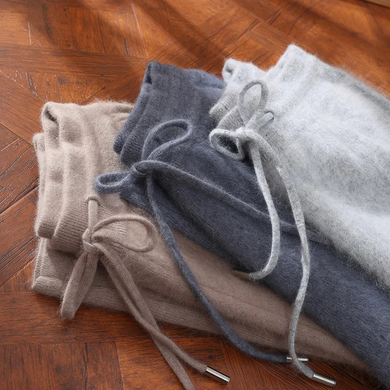 Autumn Winter 100% Mink Cashmere Men's  Pants Thickened Knitted Long Pants Slim Fitting Solid Color Warm Flat Corner Pants