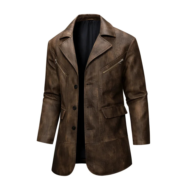 Mid-Length Leather Jacket Man Fashion Turndown Collar Outdoor Camping Windproof Coat Casual Daily Style Autumn Winter Clothing