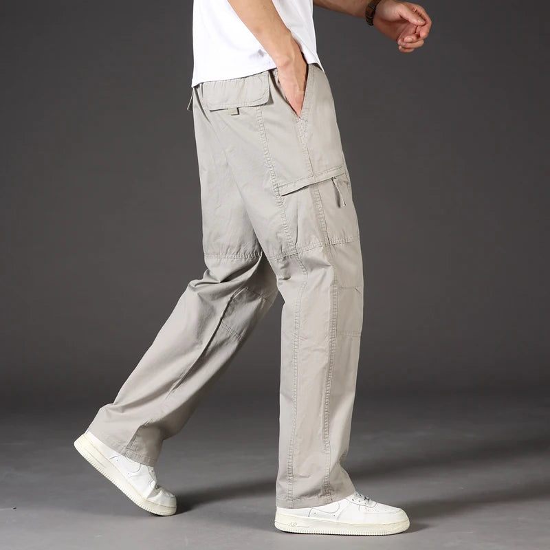 Classic Man Casual Cargo Pants Zipper Pockets Big and Tall Sports Outdoor Outfits Khaki Grey Men's Trousers