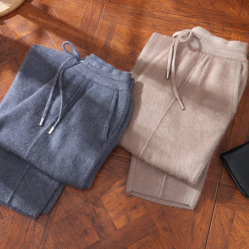 Autumn Winter 100% Mink Cashmere Men's  Pants Thickened Knitted Long Pants Slim Fitting Solid Color Warm Flat Corner Pants