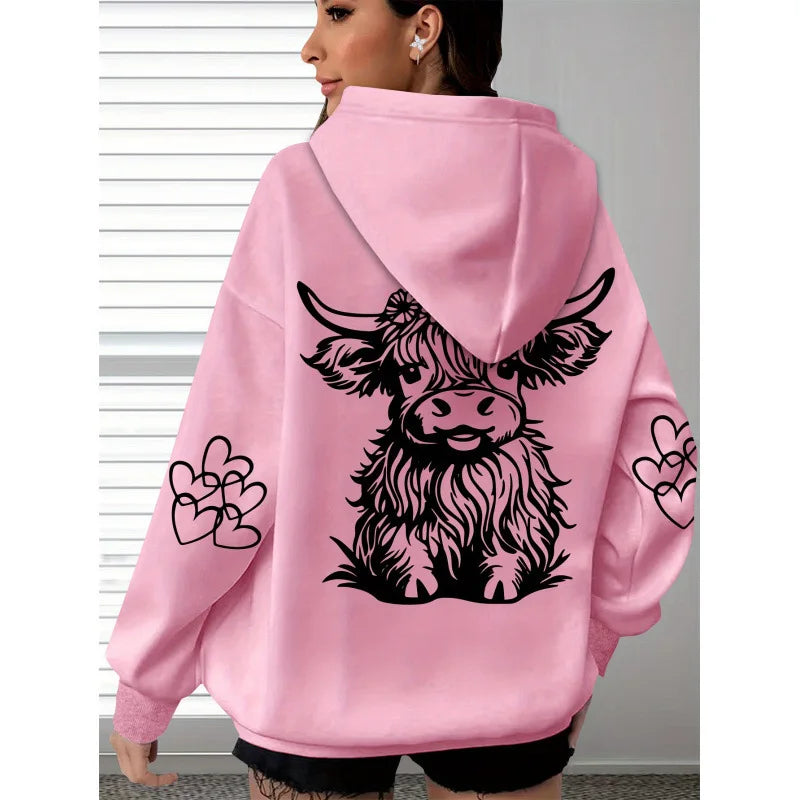 Spring and Autumn Women's Hoodie with Highland Cow Print and Claw Heart Design, Large Comfortable and Soft Long Sleeve Hoodie