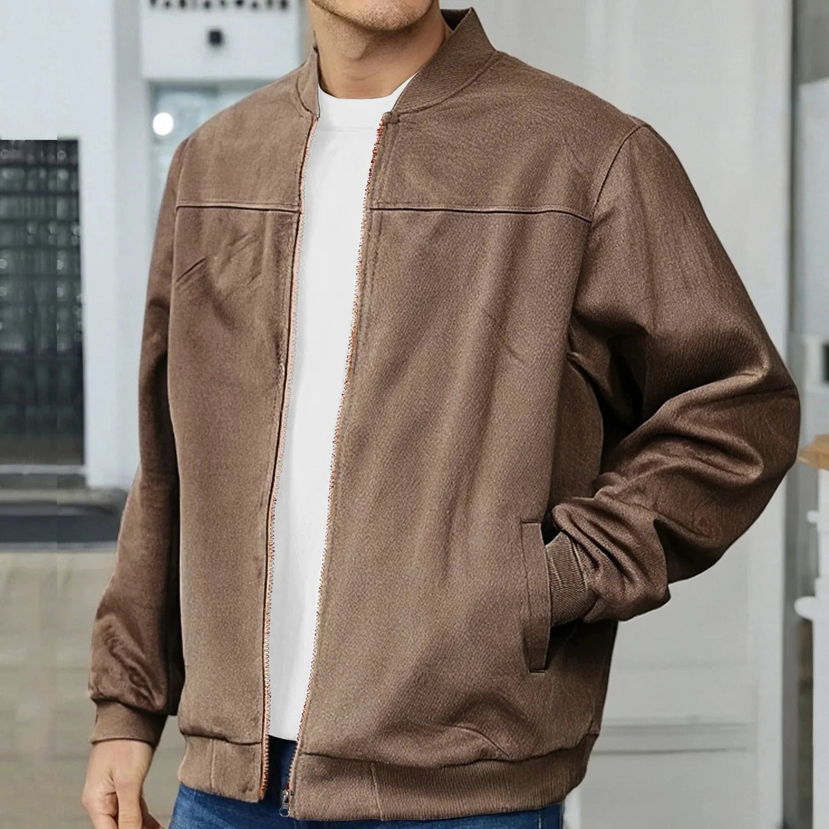 American Style Men's Suede Jacket Zipper Long Sleeve Casual Outerwear Spring Autumn Fashionable Open Cardigan Coat