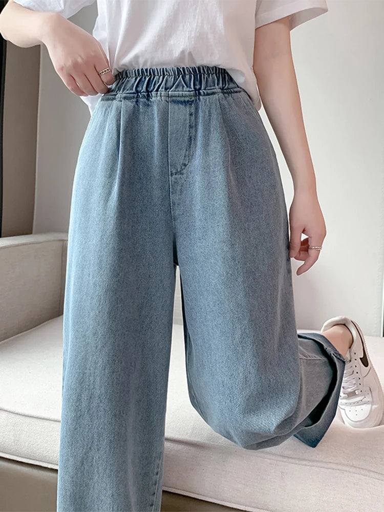 Casual Mom Baggy Jeans For Woman Autumn Loose Plus Size Wide Leg Jeans Straight Elastic High Waisted Denim Pants Women Slacks