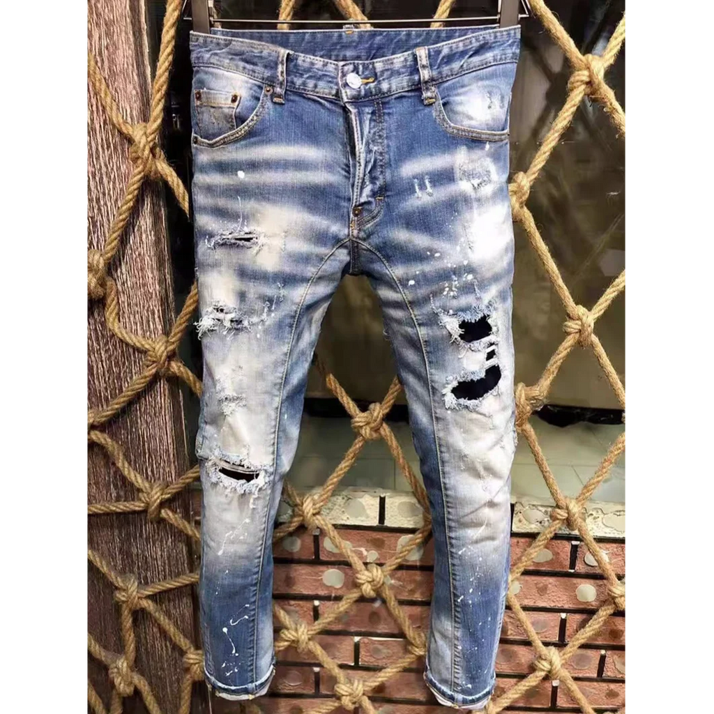 Baggy Jeans For Man Pants Distressed Jeans Trendy Streetwear Slim Straight Leg Stretch Trousers Mens Fashion