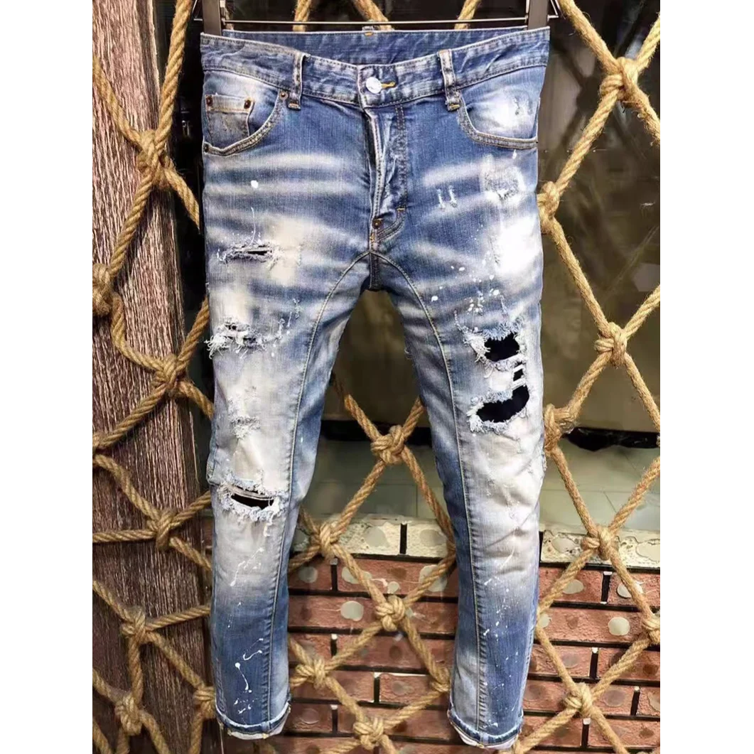 Baggy Jeans For Man Pants Distressed Jeans Trendy Streetwear Slim Straight Leg Stretch Trousers Mens Fashion