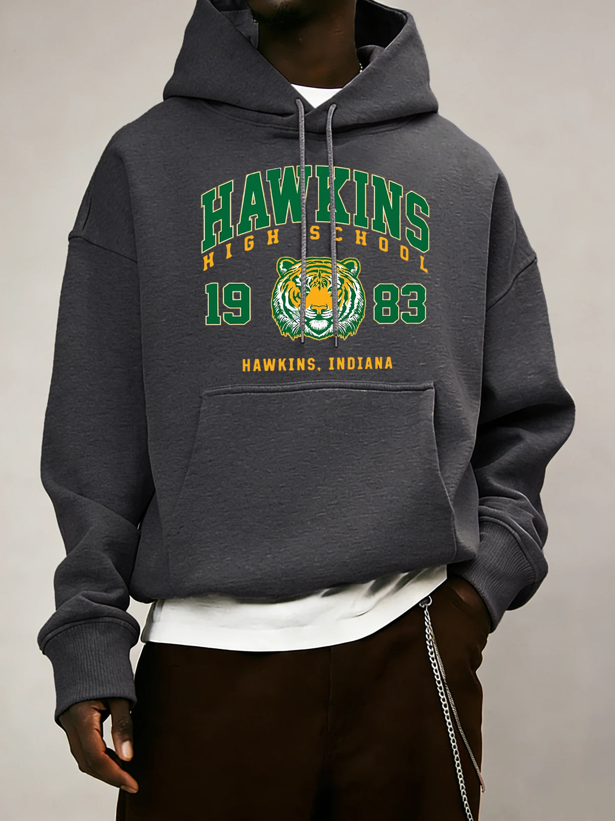 Hawkins High School 1983 Prints Men Hoodie Autumn Pocket Sportswear Loose Fleece Pullover 14 Colour Unisex Simple Long Sleeve