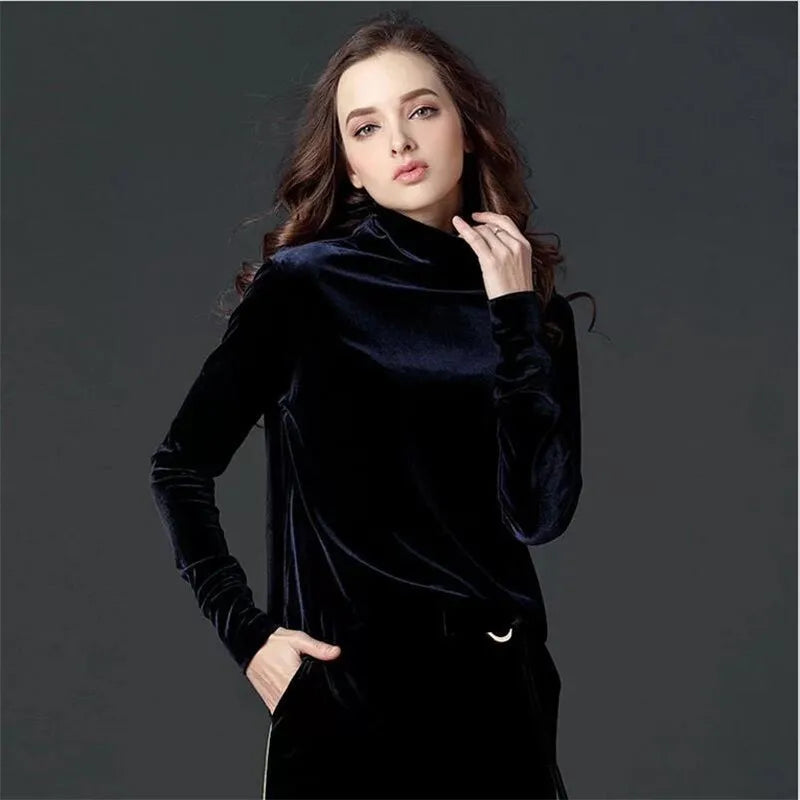 French Turtleneck Bottoming Tops Autumn Long Sleeves Velvet Basic T-Shirts Fashion Lady Office Elegant Solid Large Size Shirts
