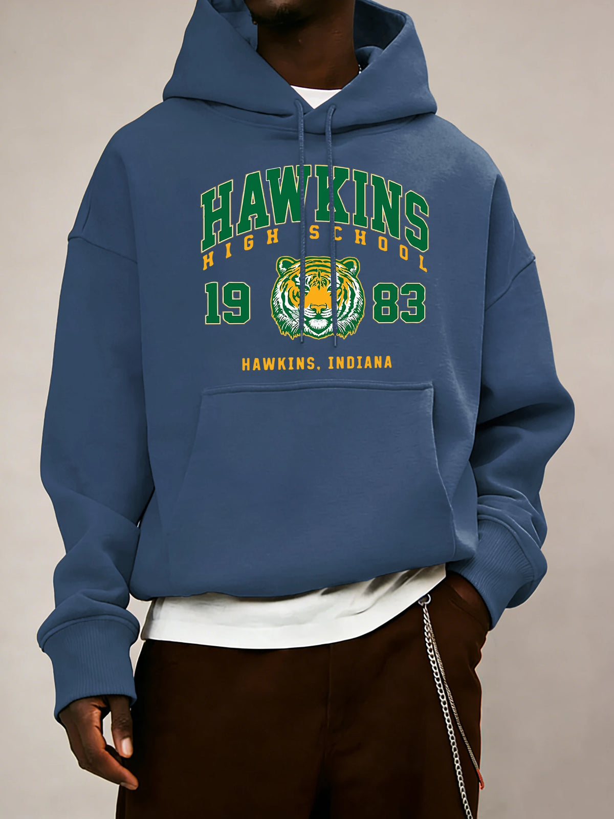 Hawkins High School 1983 Prints Men Hoodie Autumn Pocket Sportswear Loose Fleece Pullover 14 Colour Unisex Simple Long Sleeve