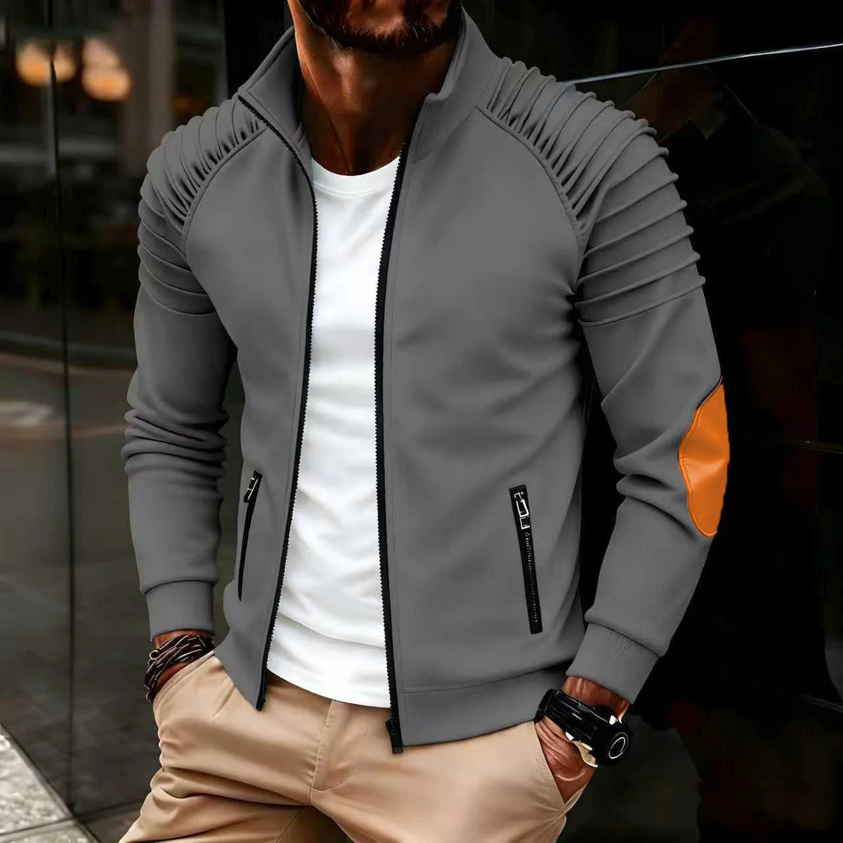 Spring / Autumn New Sports Casual Men Jacket Men's Stand Pleats Slim Stripe Fit Jacket Zipper Long Sleeve Coat Cardigan Coat Men