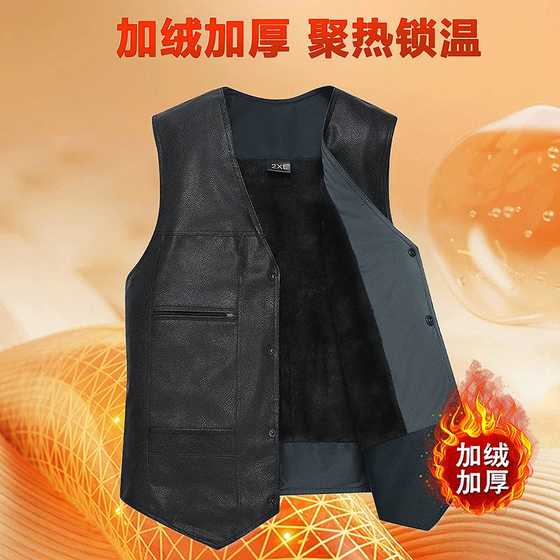 Popular Middle-aged and Elderly Men's Fur Vest Autumn Winter Warm Fashionable Men's Jacket Multi Pocket Sleeveless Leather Vest