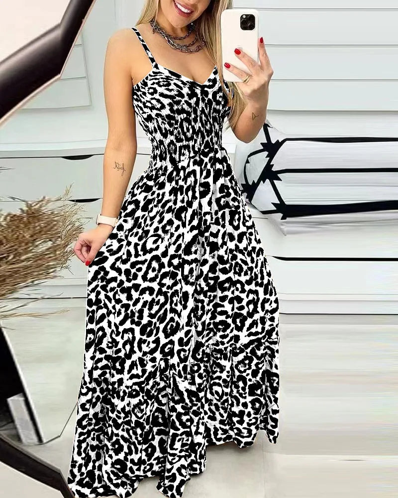 Summer new leopard print camisole V-neck dress high waisted skirt sexy temperament  long skirt women's clothing plus size