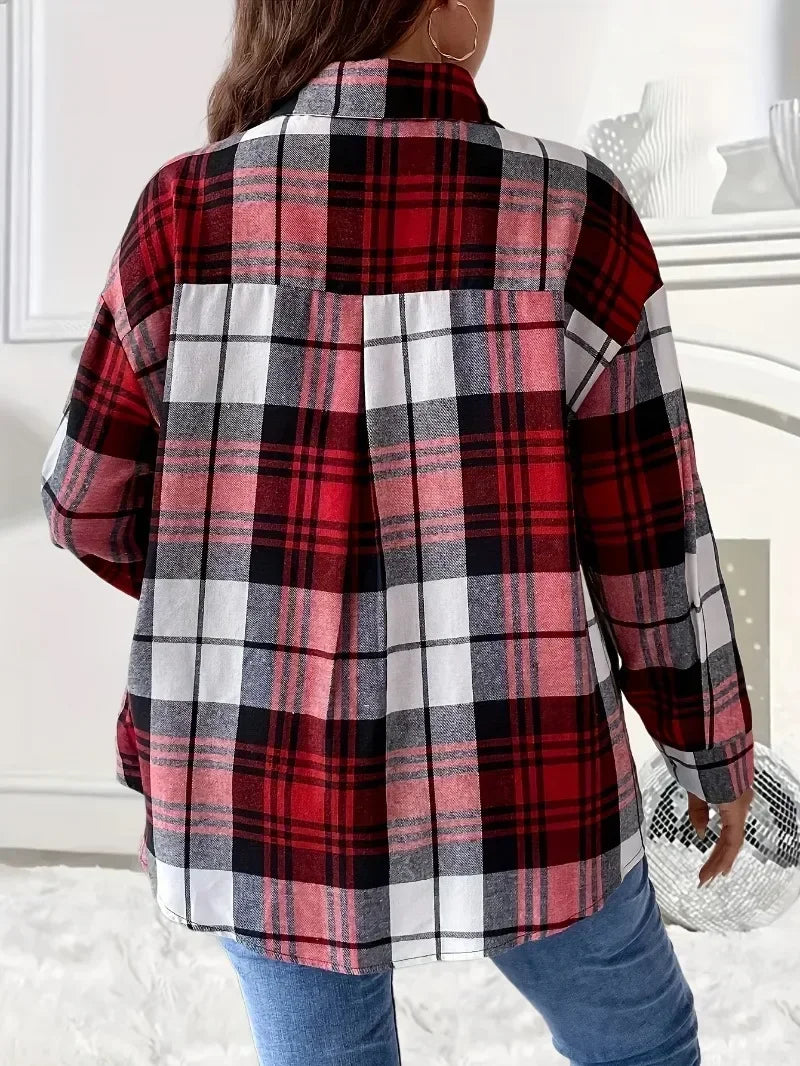 Plus Size Women's Shoulder Top Women's Long Sleeved Casual Checkered Printed Shirt