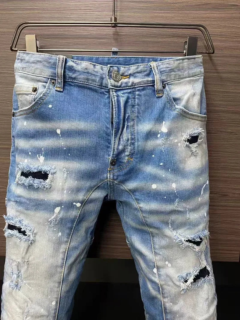 Baggy Jeans For Man Pants Distressed Jeans Trendy Streetwear Slim Straight Leg Stretch Trousers Mens Fashion