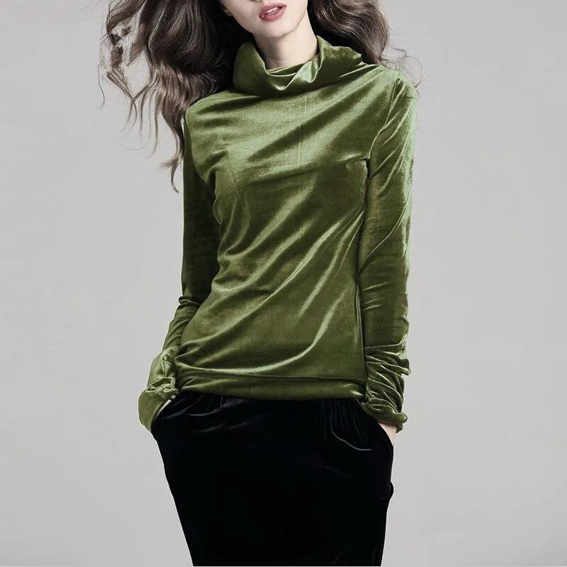 French Turtleneck Bottoming Tops Autumn Long Sleeves Velvet Basic T-Shirts Fashion Lady Office Elegant Solid Large Size Shirts