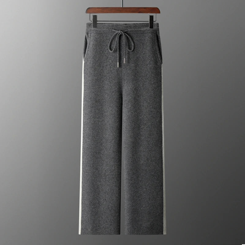 Autumn Winter New 100% Merino Wool Pants Men's High Waist Wide Leg Pants Thickened Jacquard Contrast Pants Casual Knitted Pants