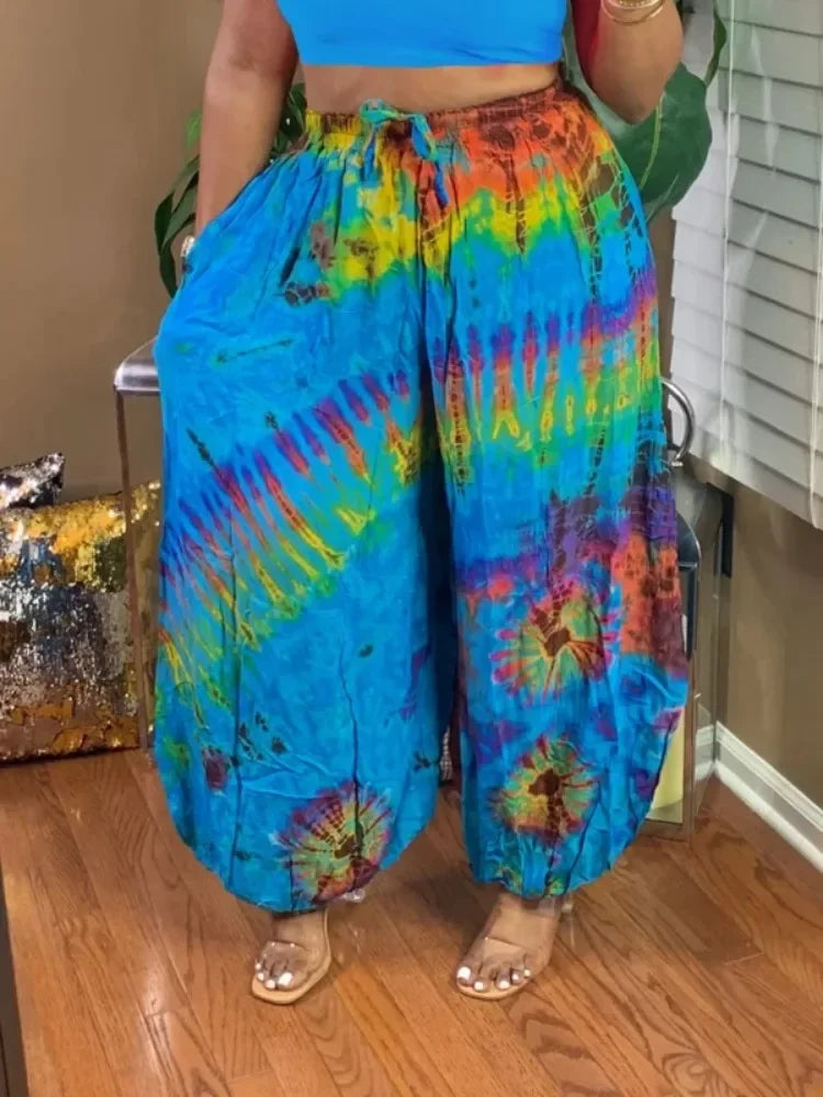 Women Fashion Plus Size 1XL-5XL Tie Dye Comfort Wide Leg Pants Female Casual Vacation High Waisted Loose Long Trousers