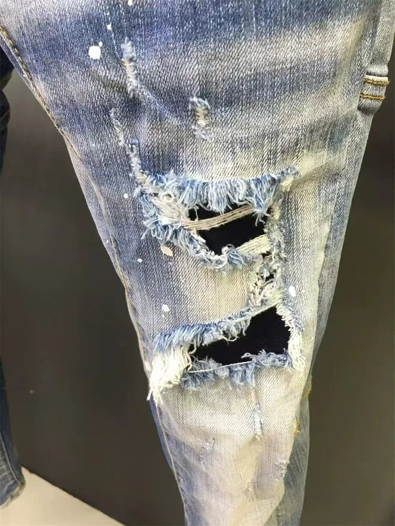Baggy Jeans For Man Pants Distressed Jeans Trendy Streetwear Slim Straight Leg Stretch Trousers Mens Fashion